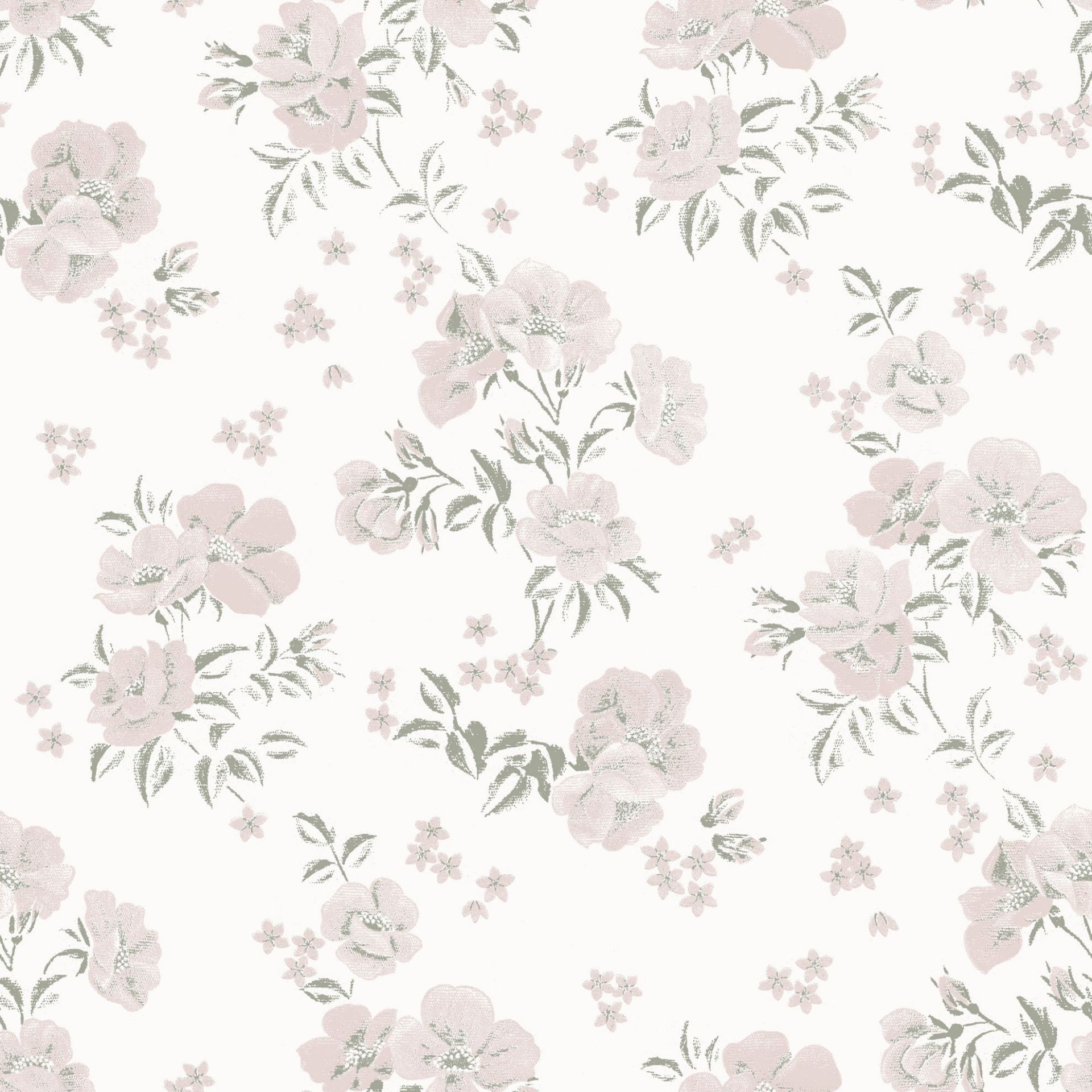 Nærbilde av Lycke Vilrosor 2. En tapet med rosa blomster med grønne blader, på hvit bakgrunn.